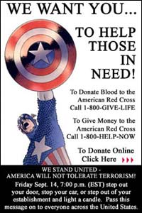 Mensagem de União e pedido de doações de sangue, no site da Marvel